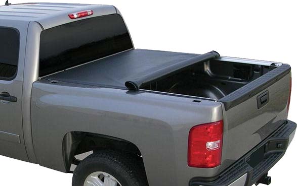 Roll up tonneau cover on a blue toyota pickup